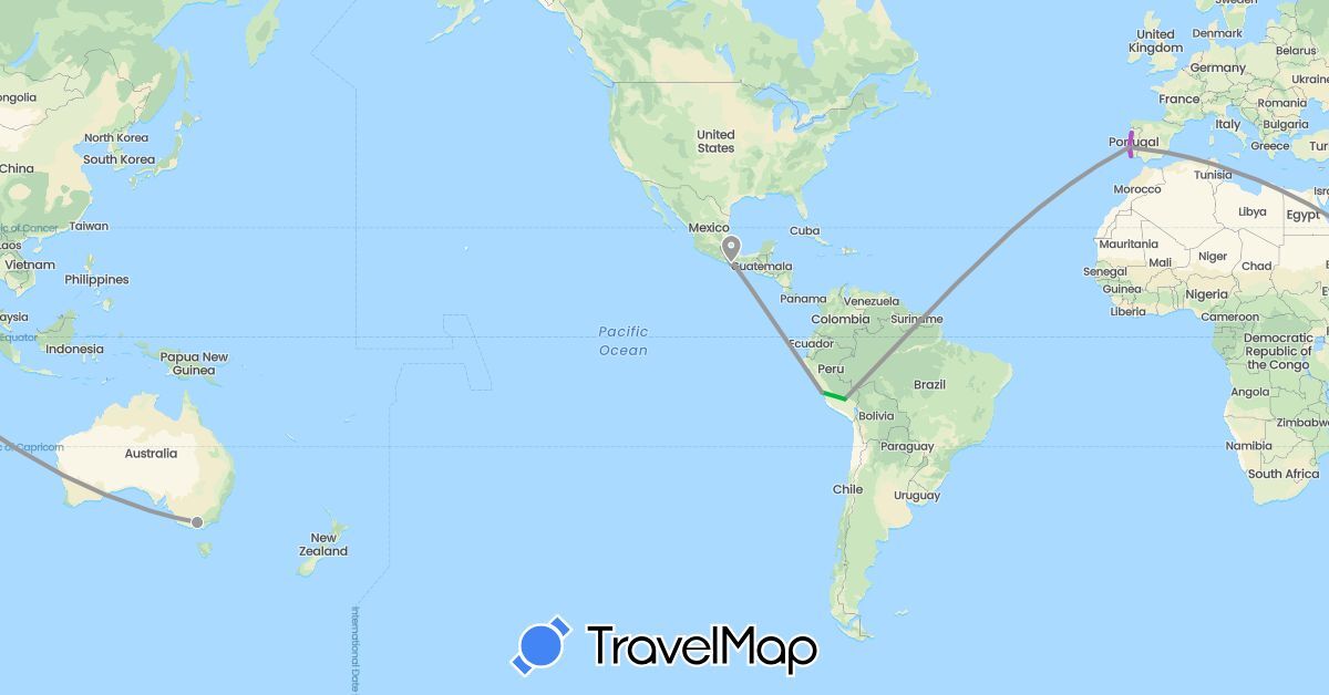 TravelMap itinerary: driving, bus, plane, train in Australia, Mexico, Peru, Portugal (Europe, North America, Oceania, South America)